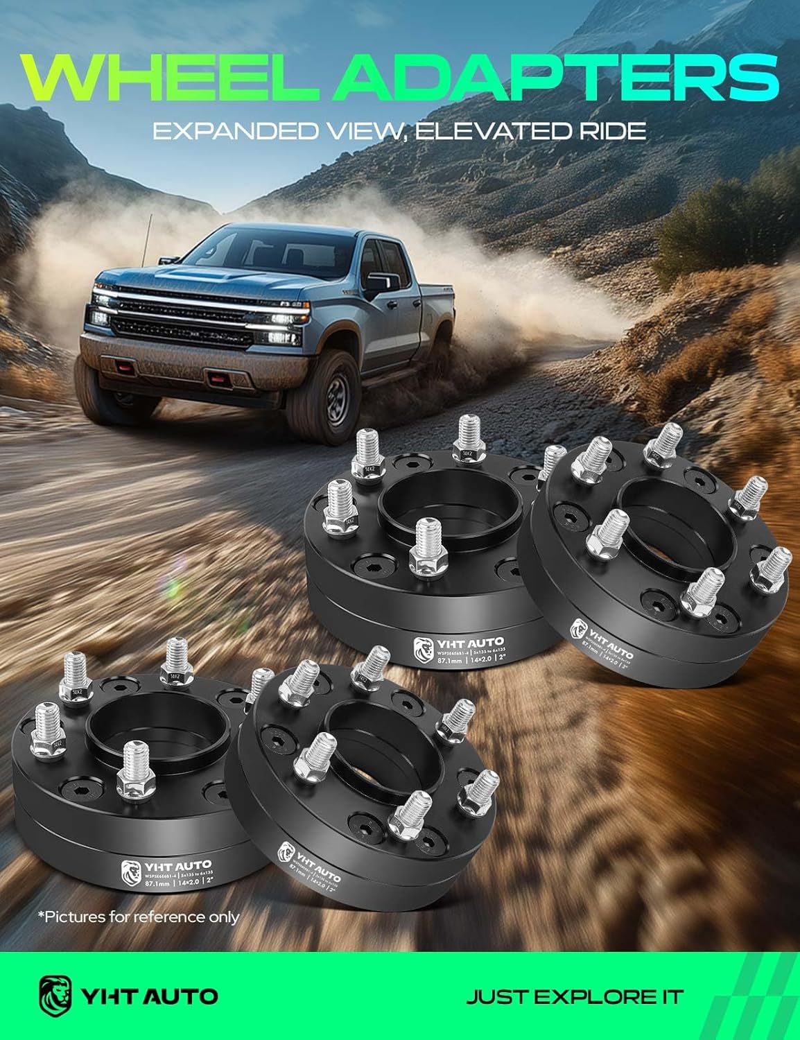 YHTAUTO 5x135 to 6x135 Hub Centric Wheel Adapters 2 Inch Compatible with Ford F-150, Expedition, Lincoln Navigator, Tire Adapters w/ M14X2.0 & 12.9 Grade Studs, 87.1mm Hub Bore 4PCS Black