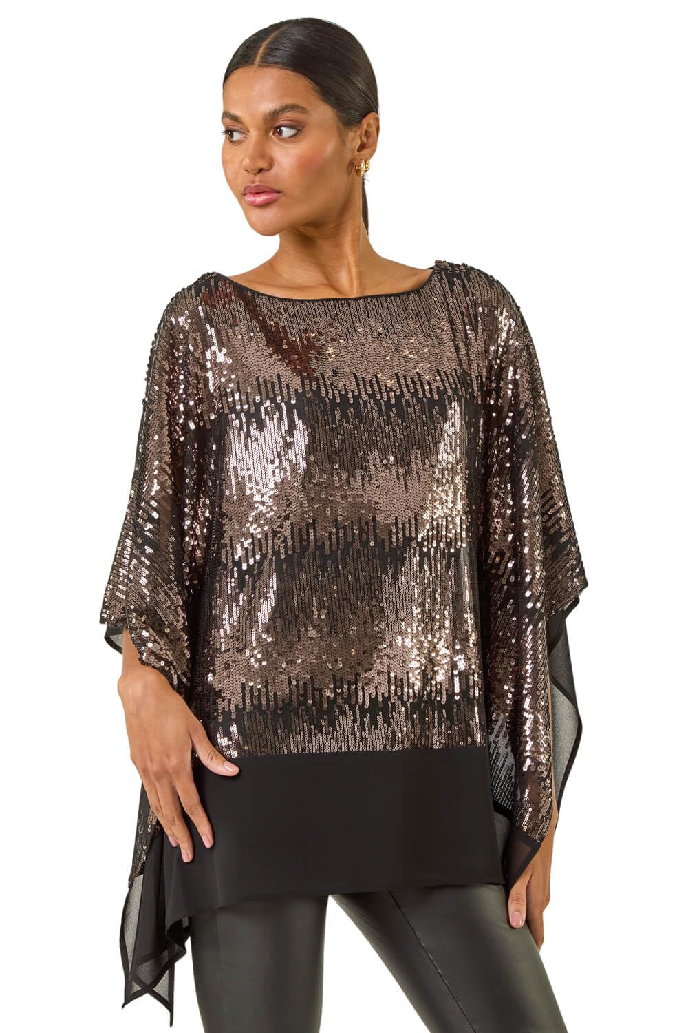 Roman Originals Women's Taupe Sequin Hem Contrast Tunic Top For Uk - Everyday Autumn Winter Round Neckline Comfy Soft Evening Vacation Work Party Night Out - Size 18