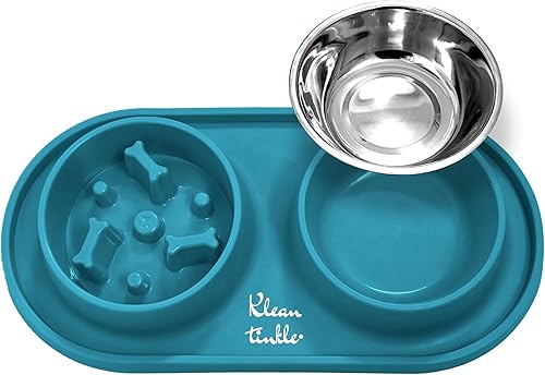 Mascotas - Cuencos antideslizantes de doble alimentación lenta para perros con alfombrilla de silicona antideslizante, cuenco de agua de acero