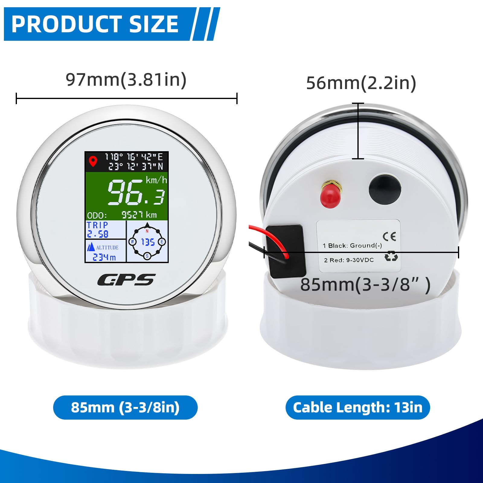 Tachimetro GPS da 85 mm con schermo a colori TFT – impermeabile digitale e odometro, regolabile per km/h, MPH, nodo – per auto, barca, moto, camion