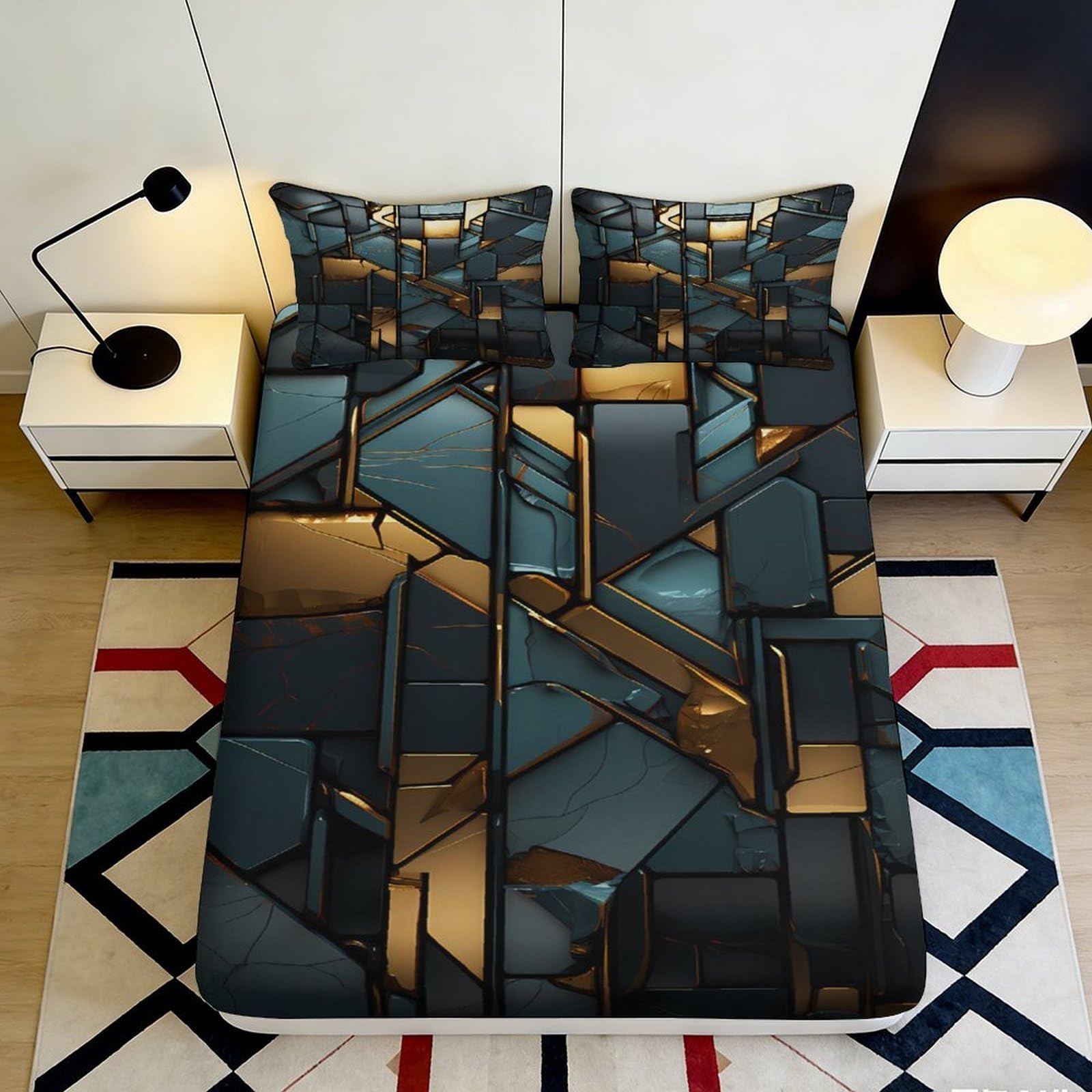 3D Printed Geometric Blue Gold Fitted Sheet Microfiber Soft Artistic Abstract Mattress Cover for Bedroom Dorm Decor 90x200x25cm