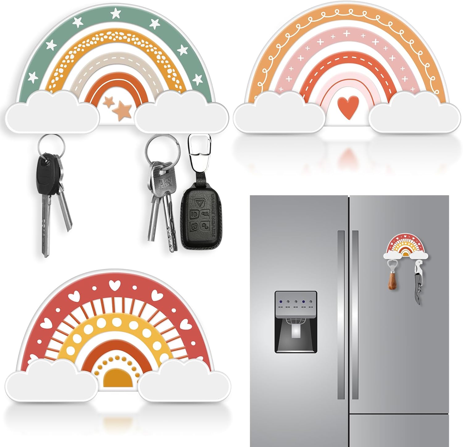 Yuntau 3 Pcs Boho Rainbow Wall Decor Magnetic Key Holder for Wall Cute Resin Adhesive Key Hanger Organizer Decorative Powerful Magnetic Keychains Baby Shower Favor for Guest Home Room (Colorful)