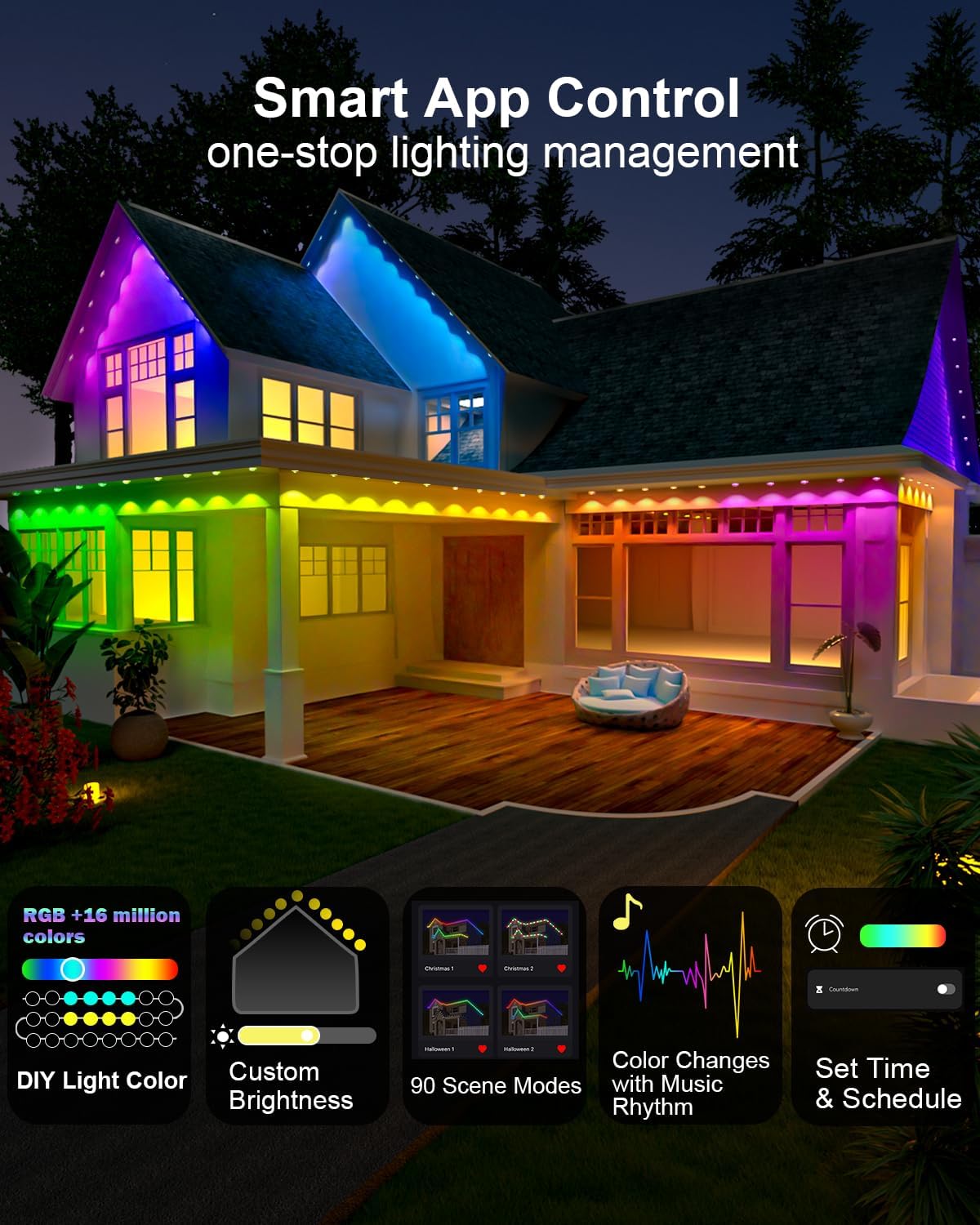 Permanent Outdoor Light Pro, 200ft with 144 RGB+IC LED Lights, 90 Scene Modes, AI Light Design, IP67 Waterproof for Halloween Christmas Decor and Daily Lighting, Work with Alexa, Google - Image 4