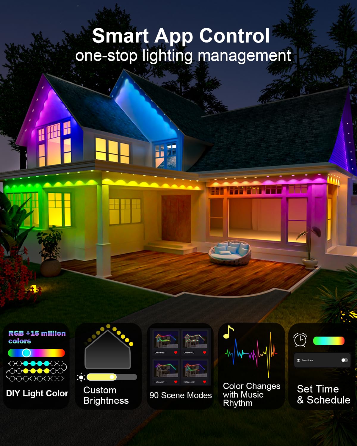 Tropwellhouse Permanent Outdoor Lights 200ft – Smart RGBWIC 144 LED Eaves Lights, IP67 Waterproof, 75 Scene Modes & AI Themes For Halloween, Xmas & Daily