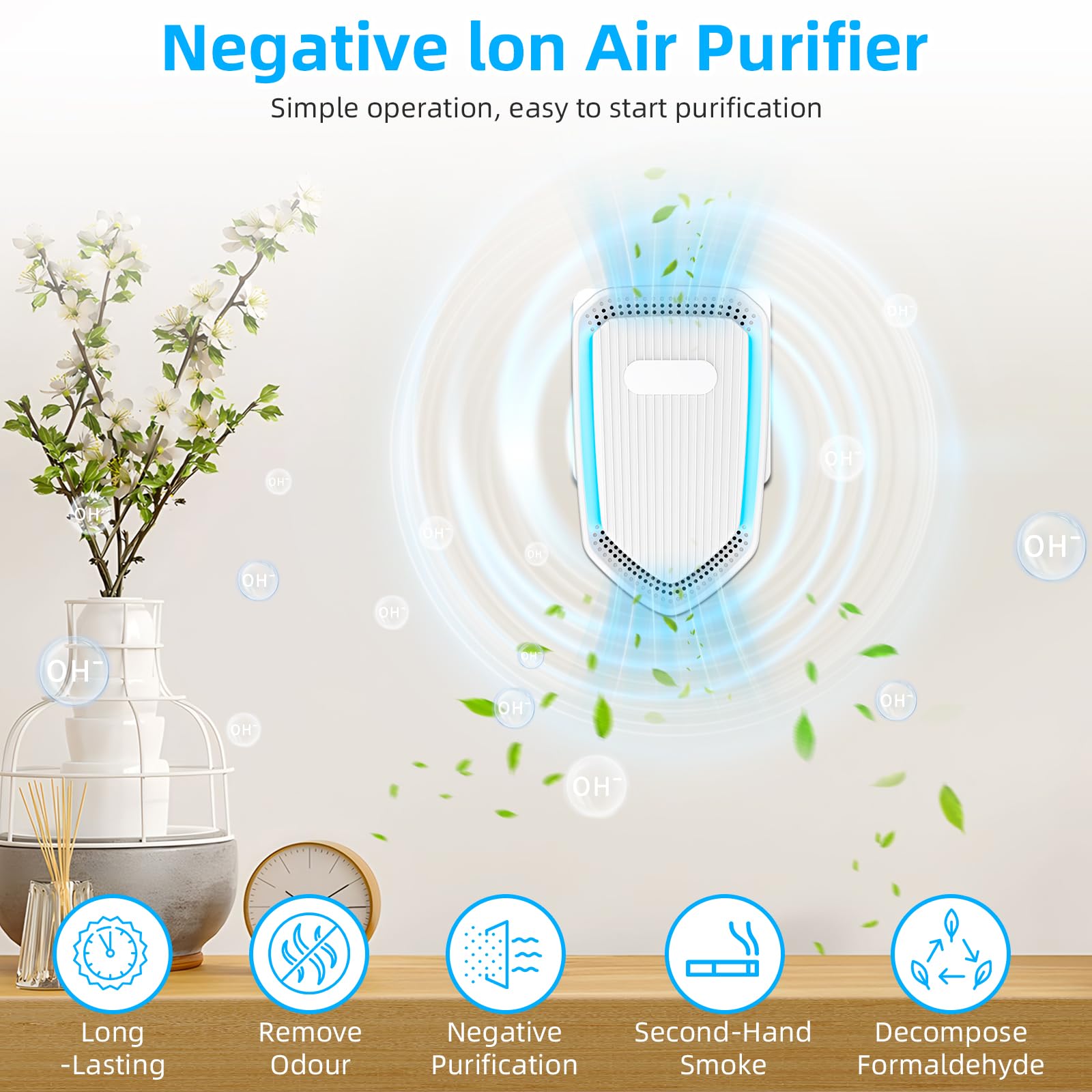 Ionizzatori d'aria per la casa, purificatore d'aria a parete, purificatore d'aria a ioni negativi per camera da letto, funzionamento silenzioso, deodorante per casa, camera da letto, ufficio, garage