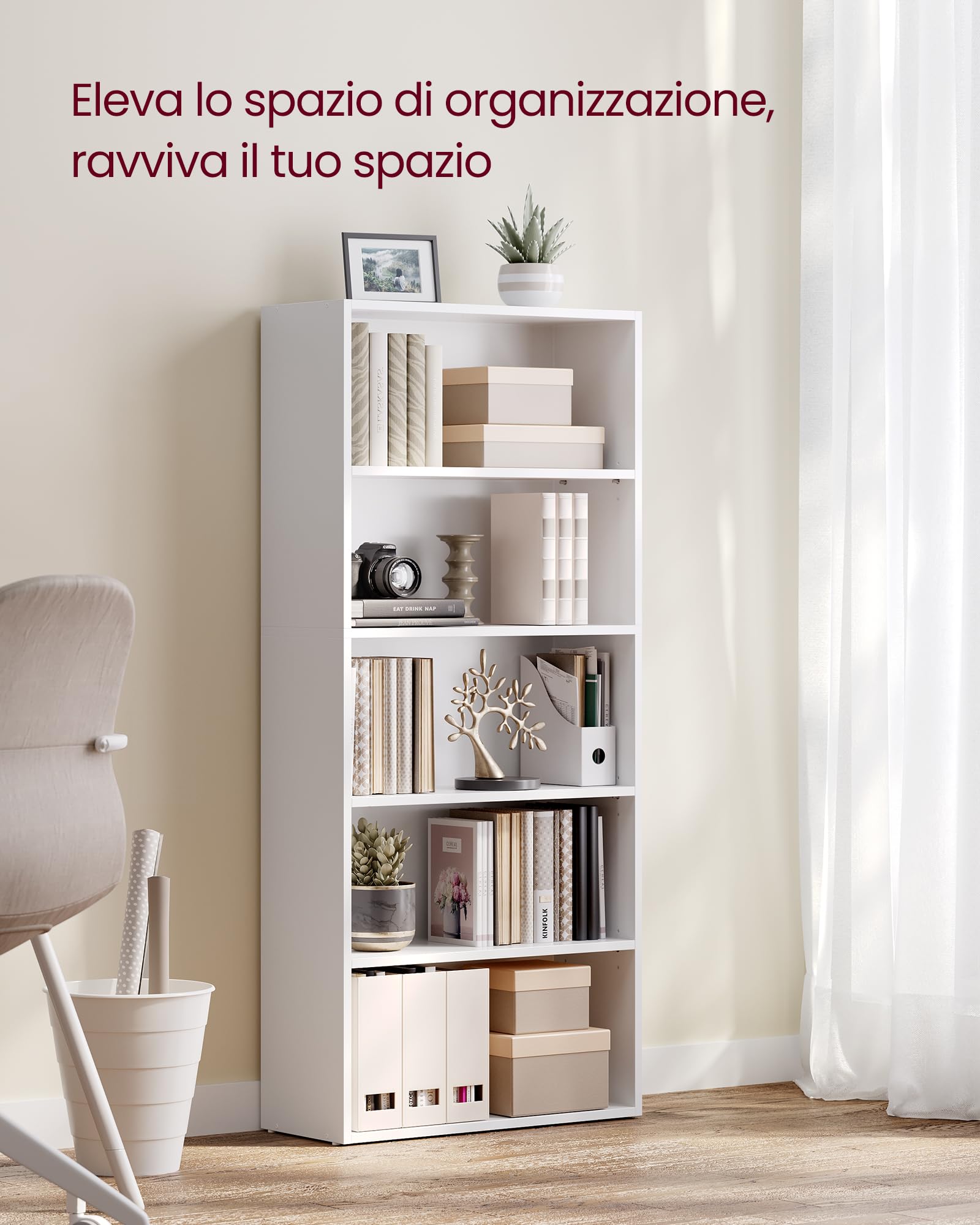 VASAGLE Scaffale a 5 Ripiani, Libreria, Scaffalatura Portaoggetti, Organizzatore con Scomparti, Ripiani Aperti e Regolabili, per Soggiorno, Ufficio, Camera da Letto, Bianco Nuvola LBC165T14