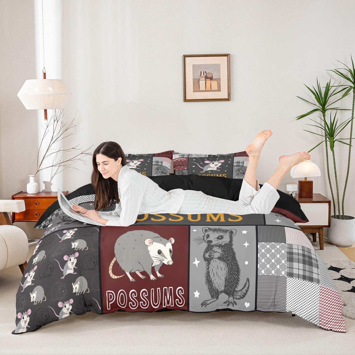 Homewish Cartoon Oposy zwierzę patchworkowa czerwona szara poszewka na kołdrę podwójna kawaii kratka zestaw pościeli geometryczny pasek poszewka na kołdrę naturalna przyroda zestawy łóżek