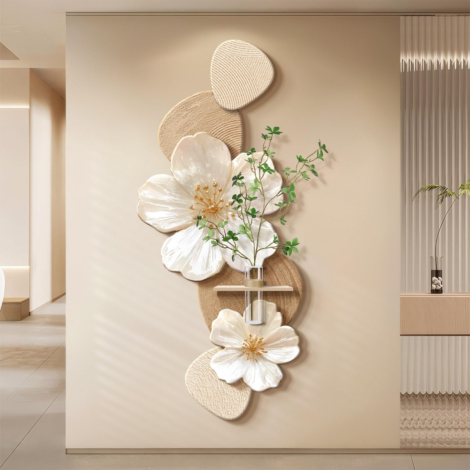 PGZMDTWI 3D Sandstone Frameless Wall Art,Handcrafted Textured LED Sculpture Vase Ornament Cream Style Entryway Living Room Décor(A,36 * 80CM .2 * 31.5IN)