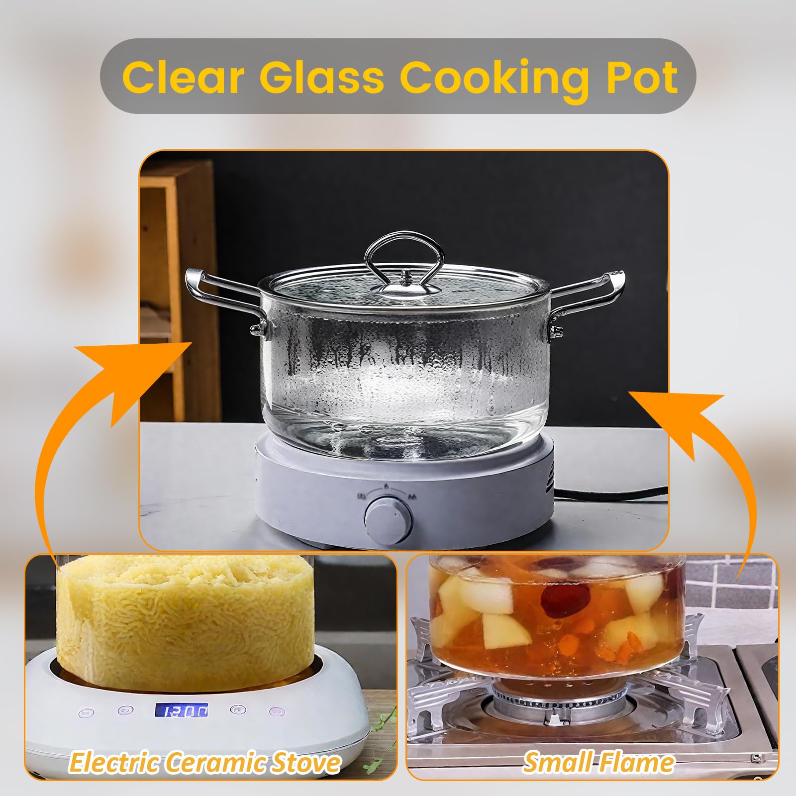 5.5L Olla de Cristal para Cocinar - Ollas de Vidrio Transparente con Tapa Resistente al Calor Utensilios de Cocina para a Fuego Lento con Asas de Acero Inoxidable para Pasta Fideos, Sopa, Leche