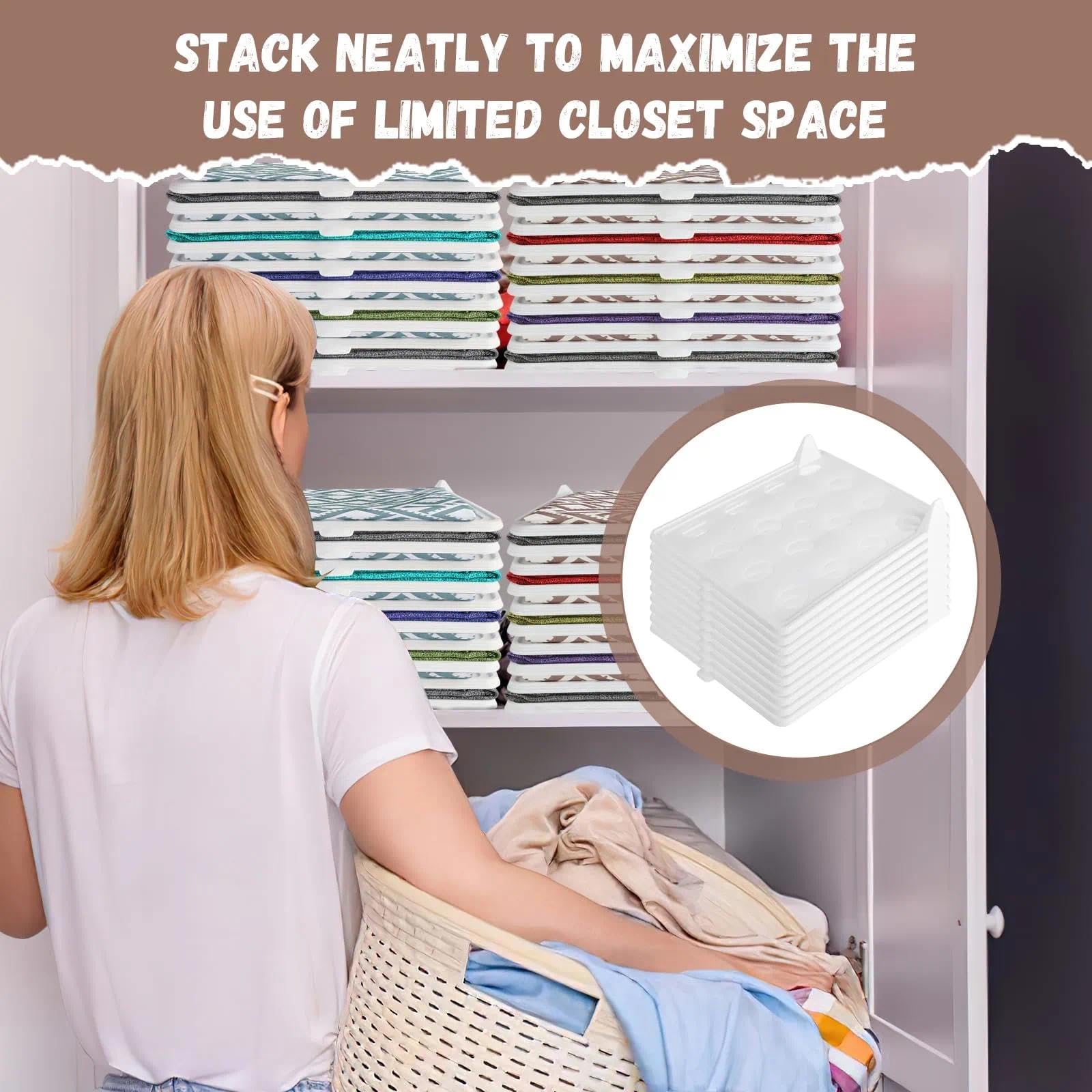 Organizer Armadio per Magliette – Set da 10 Organizzatori Impilabili in Plastica Bianca (32×26×5cm) – Contenitori Salvaspazio per T-Shirt, Camicie, Pantaloni, Maglioni e Asciugamani