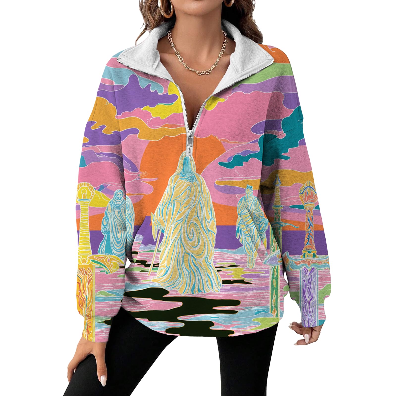 Womens Half Zip Pullover Fashion Novelty Pullover Loose Long-Sleeve Sweatshirts Comfy Fashion Street Wear