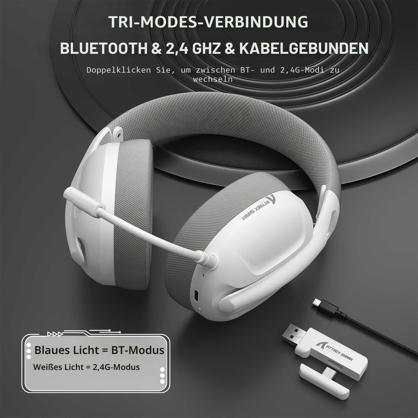 ATTACK SHARK L80 Ultra Leichtes Drahtloses Gaming-Headset, BT 5.3, 2.4G, 3.5mm Kabelgebunden, 50 Std, 40mm Pro-G Treiber, Gaming-Kopfhörer mit Abnehmbaren Mikrofon, für PC, Mac, Mobilgeräte - Weiß