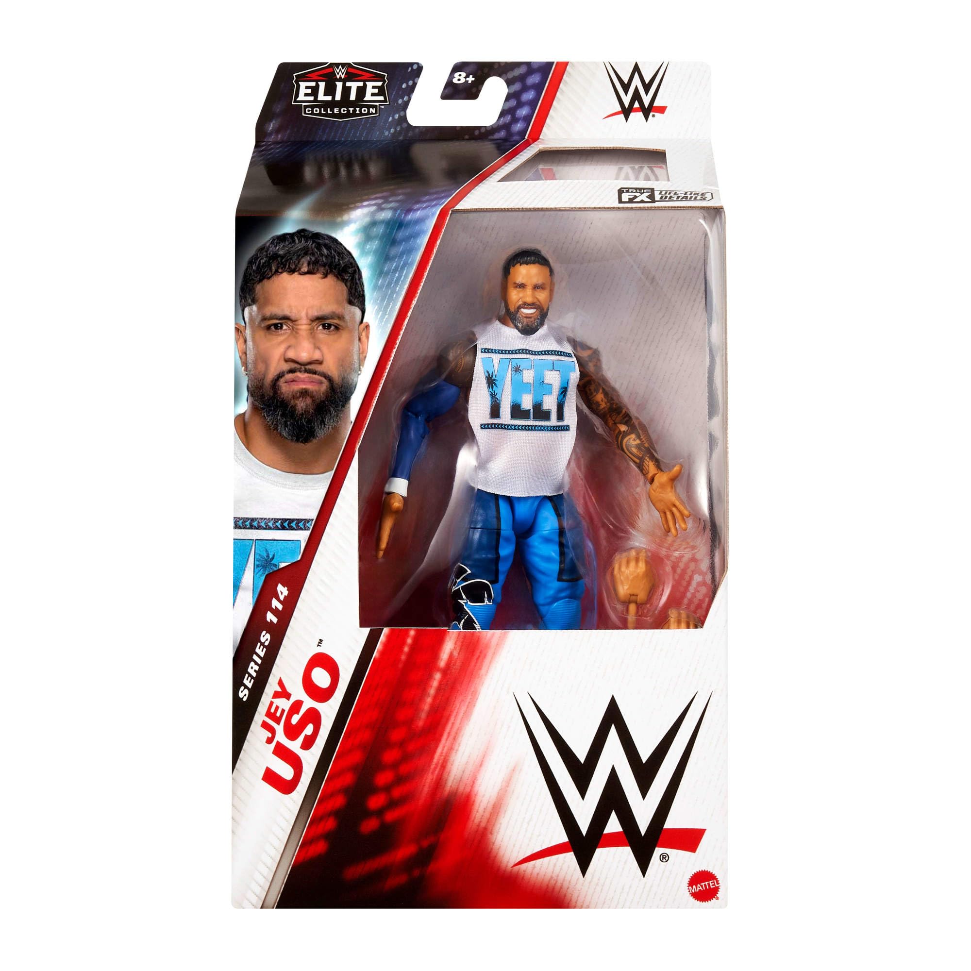 Mattel WWE Elite Collection - Jey Uso, personaggio collezionabile Series 114, action figure articolata e con mani intercambiabili, giocattolo per bambini, 8+ anni, JCH93