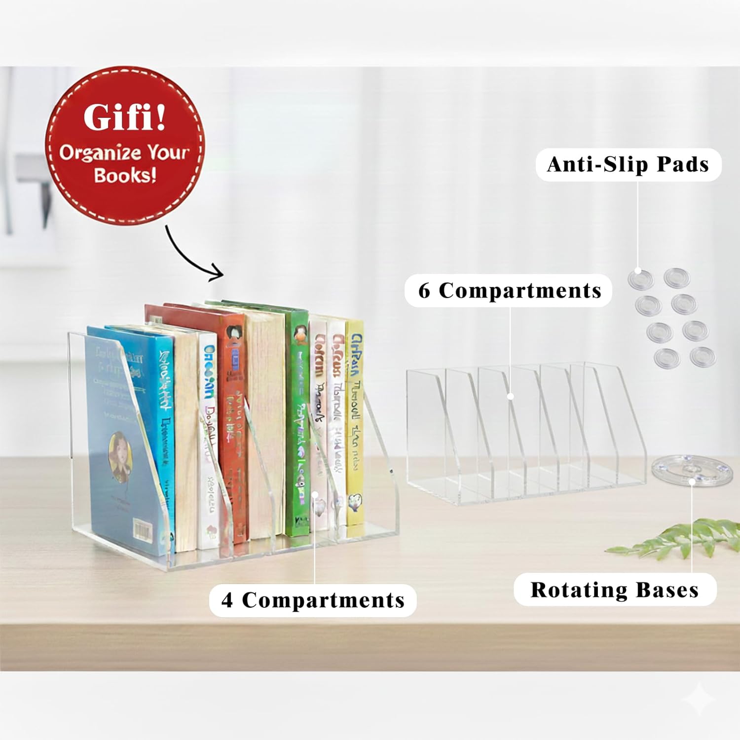 LIYAOLI Rotating Acrylic Book Organizer, 360° Spinning 6 Compartments Desktop Magazine File Holder, Vertical Storage for Books, Binders, Notebooks & Magazines, Clear Desk Organizer for Home Office