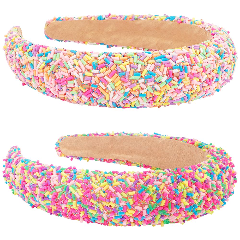 AHONEY Candy Headbands for Girls Women Sprinkle Donut Cute Hair Accessories | 2 Pack Thick Padded Cute Headbands Wide Head Band Non Slip Glitter Birthday Hair Accessories for Girls (Pink&Hot pink)