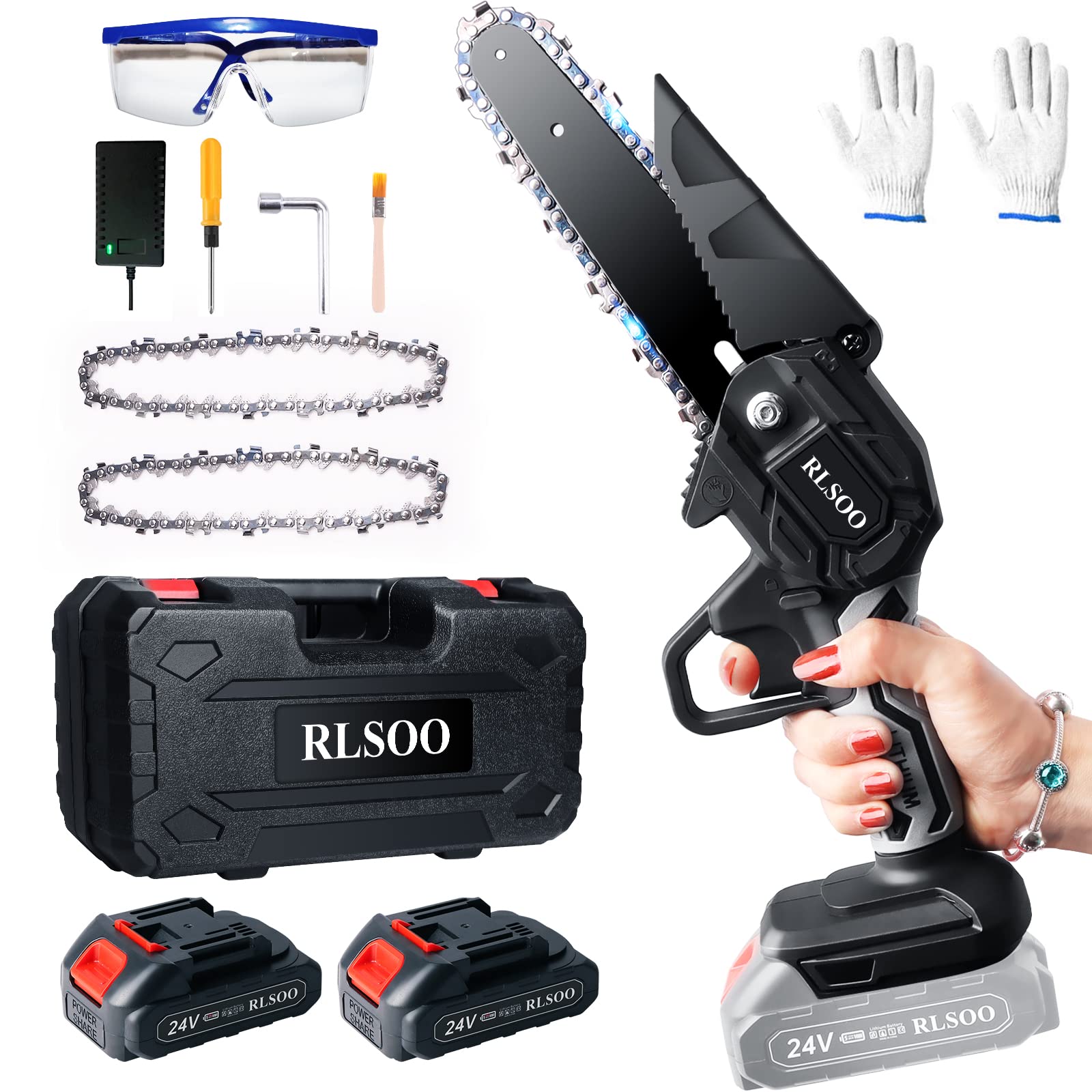 Mini Chainsaw, RLSOO Upgraded 6 Inch 24V Battery Powered Mini Chainsaw