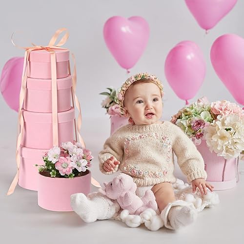 Miniatura 6 de Tenceur 8 cajas de regalo redondas con tapas para regalos, cajas de regalo de terciopelo anidado, arreglos de flores, cajas de flores de 4 tamaños