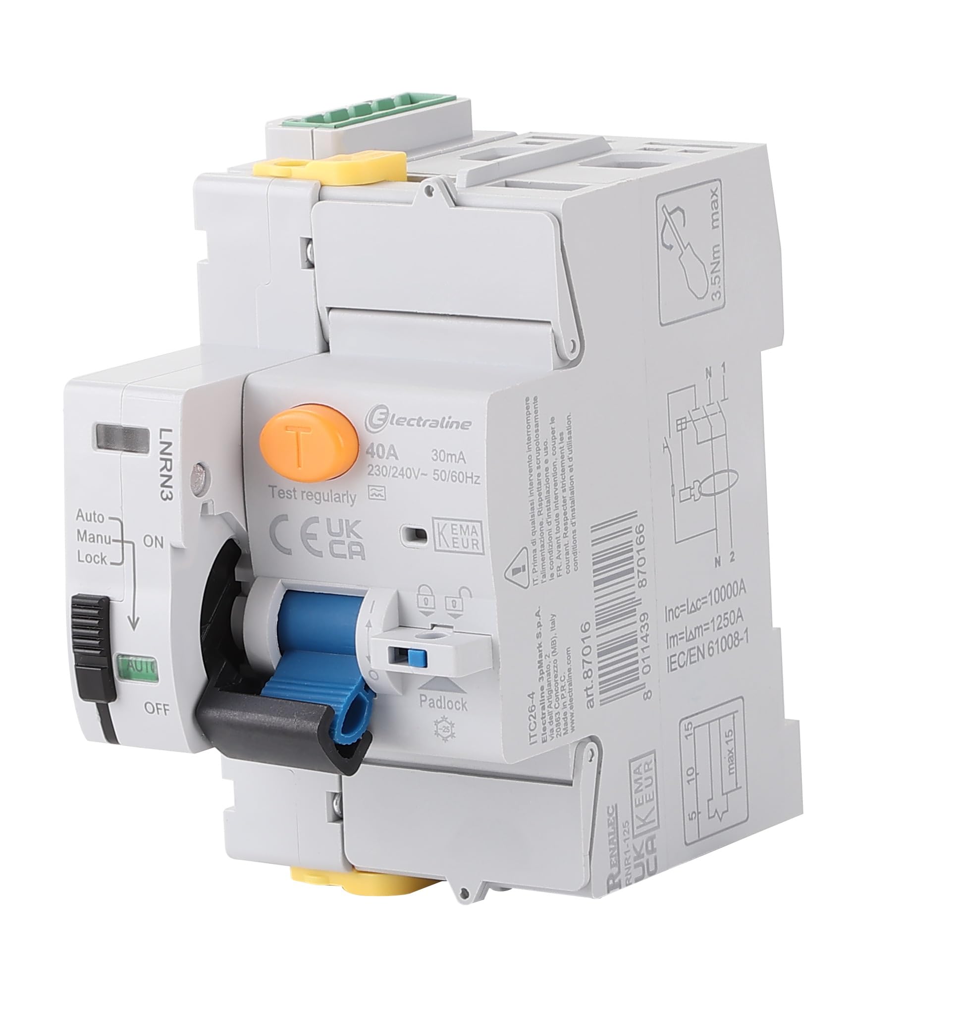 Electraline 87016 Interruttore differenziale, 40A, 1P+N, 30mA 2 mod. type A, riarmo automatico, Grigio