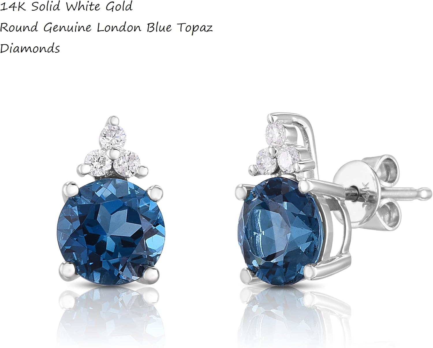Genuine London Blue Topaz 3-1/6 Ct Round with Diamonds Earrings in 14K White Gold - Image 2