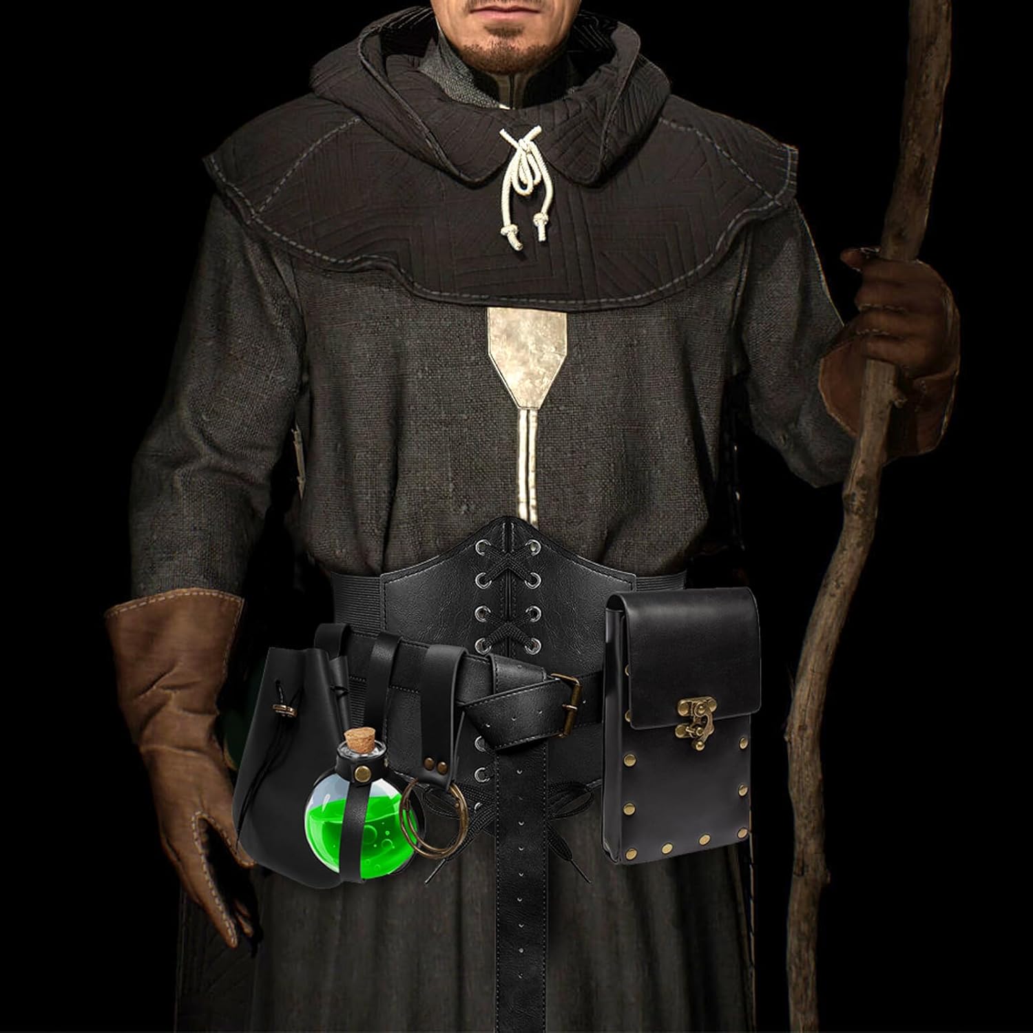 5 PCS Belt Pouch Waist Bag Retro Medieval Viking Leather Belt Magic Potion Bottle Renaissance Halloween Cosplay Costume Sets (Black) - Image 3