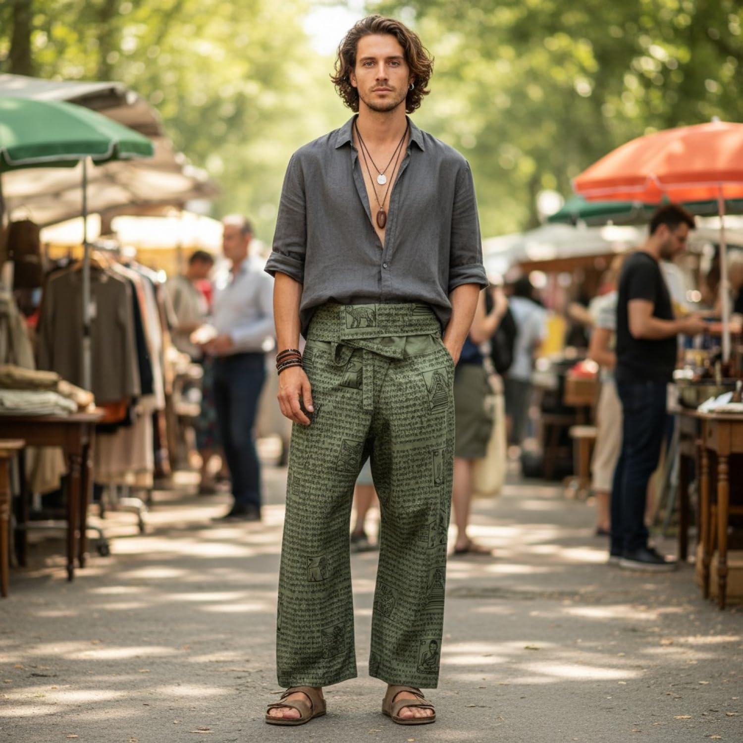 GURU SHOP Pantalones de pescador tailandeses con estampado de mantra de algodón tejido, pantalones de yoga, para hombre/mujer, verde, talla: talla única