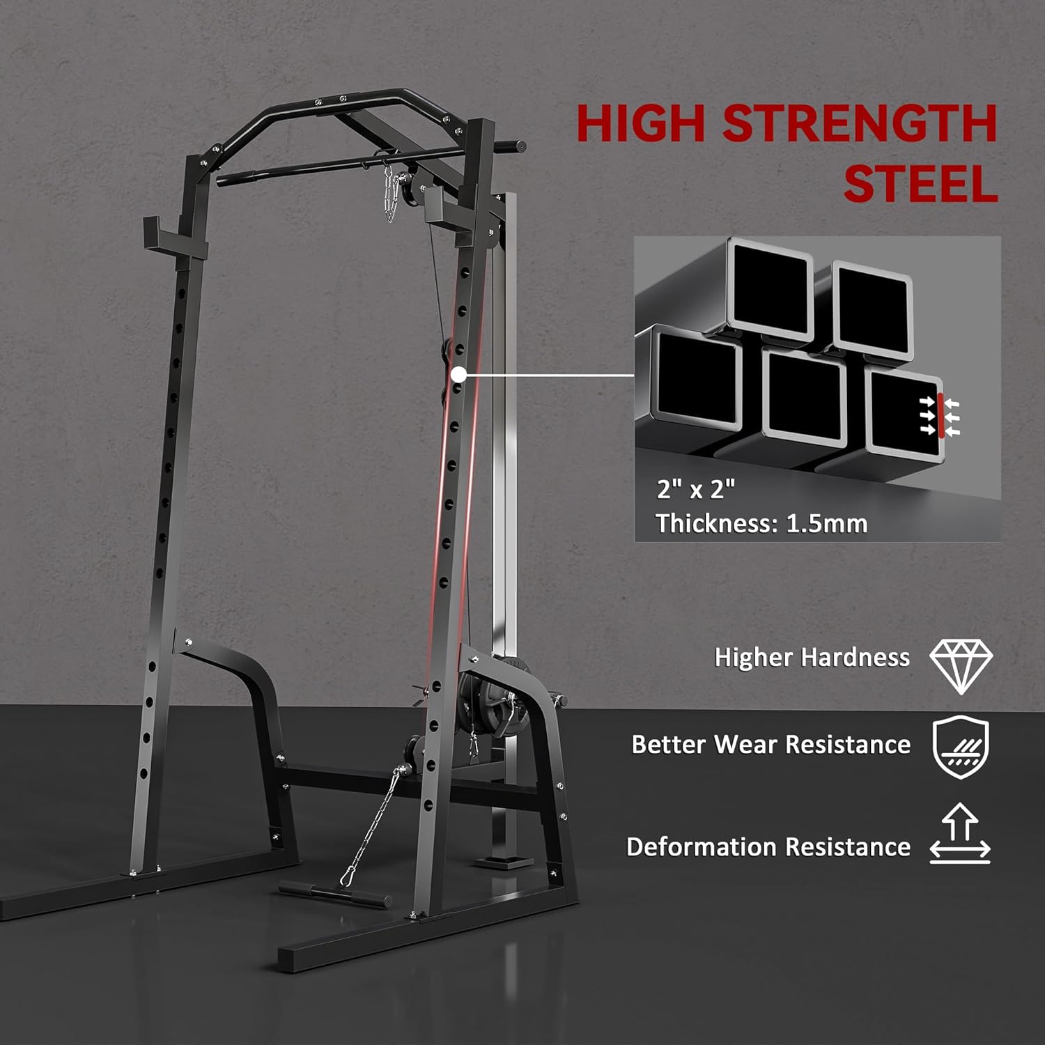 Soozier Soozier Power Cage – Multi-Functional Rack with Cable Pulley & 15-Level Squat Stand - Image 8