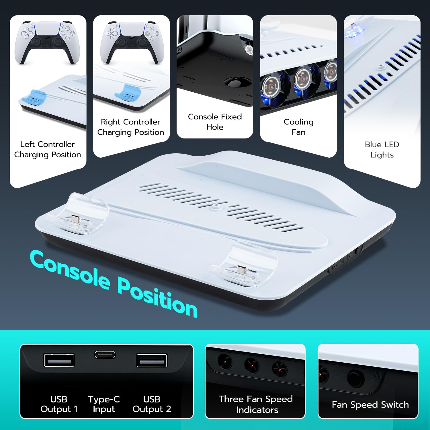 PS5/Slim/Pro stojak z wentylatorem chłodzącym, stacja ładująca PS5, PS5 pionowy stojak chłodzący z 2 ładowaniem USB i 3 prędkością wiatru do PS5 gadżetów