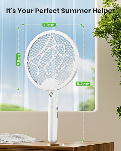 Miniatura 7 de Raqueta matamoscas eléctrico, plegable 2 en 1 con lámpara de trampa morada, 4000 V y 1500 mAh potente matamosquitos con recargable tipo C para