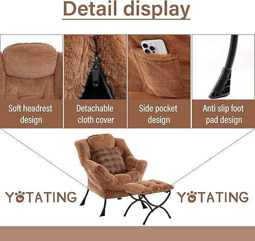 Miniatura 4 de Silla Lazy con otomana, cómoda silla de lectura con reposapiés y almohada, moderna silla de descanso con reposabrazos y bolsillo lateral para sala