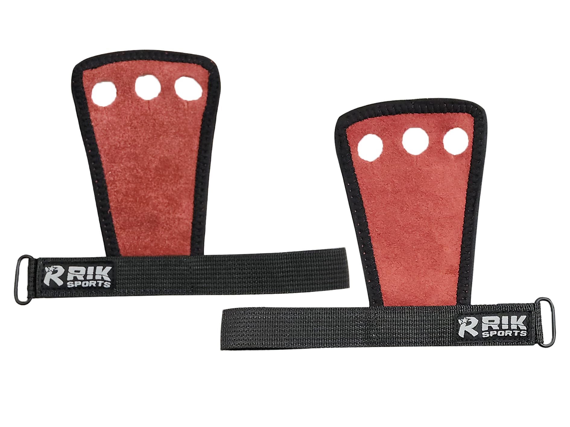 RIK SPORTS Gymnastics Hand Grips with Wrist Support - Latex-Free Elastic Hand Grips for Weightlifting & Cross Training - Leather Pull-Up Grips for Men & Women (Red, One Size)