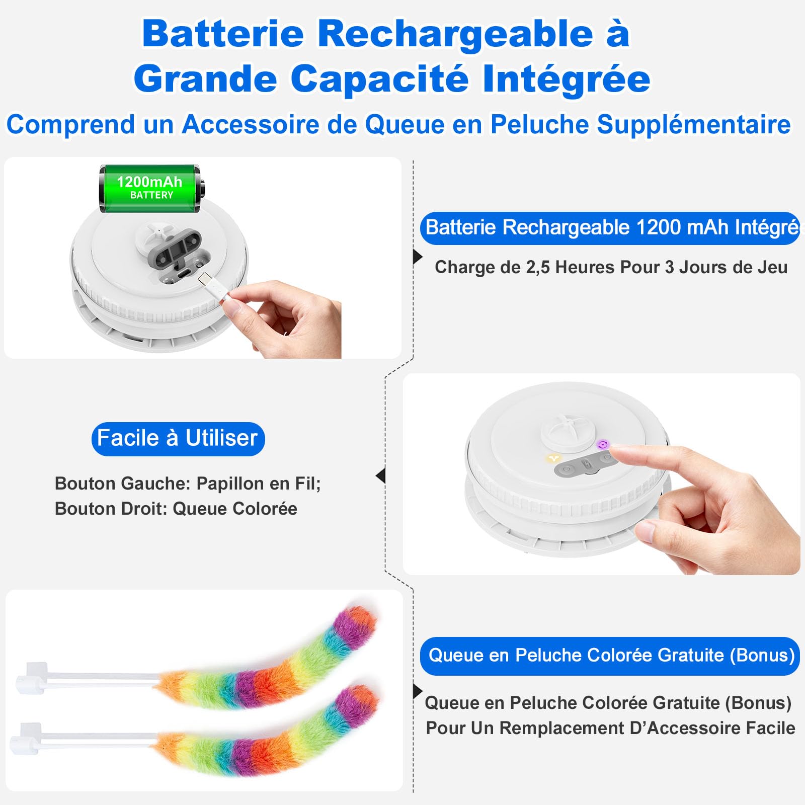 Jouet Interactif pour Chats d'Intérieur, [Nouvelle Version Améliorée] Jouet Rechargeable pour Chaton à Activation Tactile avec Jeu de Cache-Cache et Élément Virevoltant (Bleu)