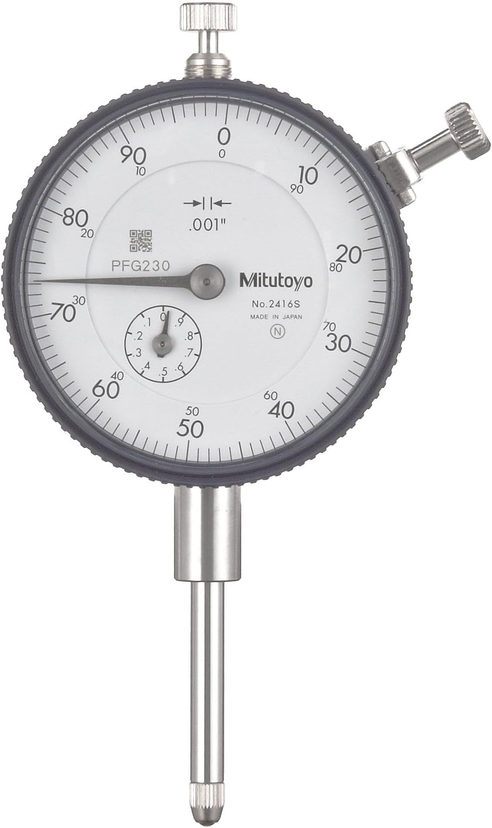 Mitutoyo "2416S" Dial Indicator, #4-48 UNF Thread, 0.375" Stem Dia., "Lug Back," White Dial, 0-100 Reading, 2.244" Dial Dia., 0-1" Range, 0.001" Graduation, +/-0.002" Accuracy