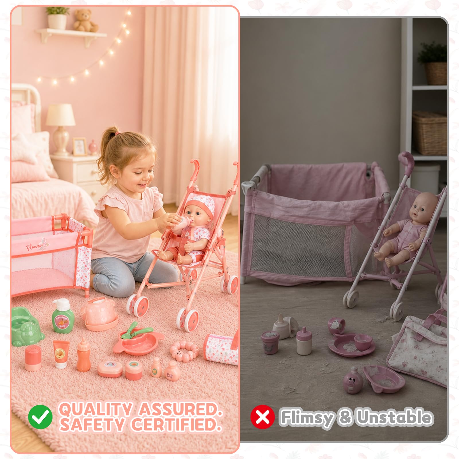 deAO Set Passeggino e Accessori per Bambole, Giochi di Ruolo Giocattoli | Bambole 30cm, Lettino, Seggiolone, Sacco Trasporto, Pieghevole, Montaggio Senza Attrezzi, Regali per Ragazze di 3 Anni+