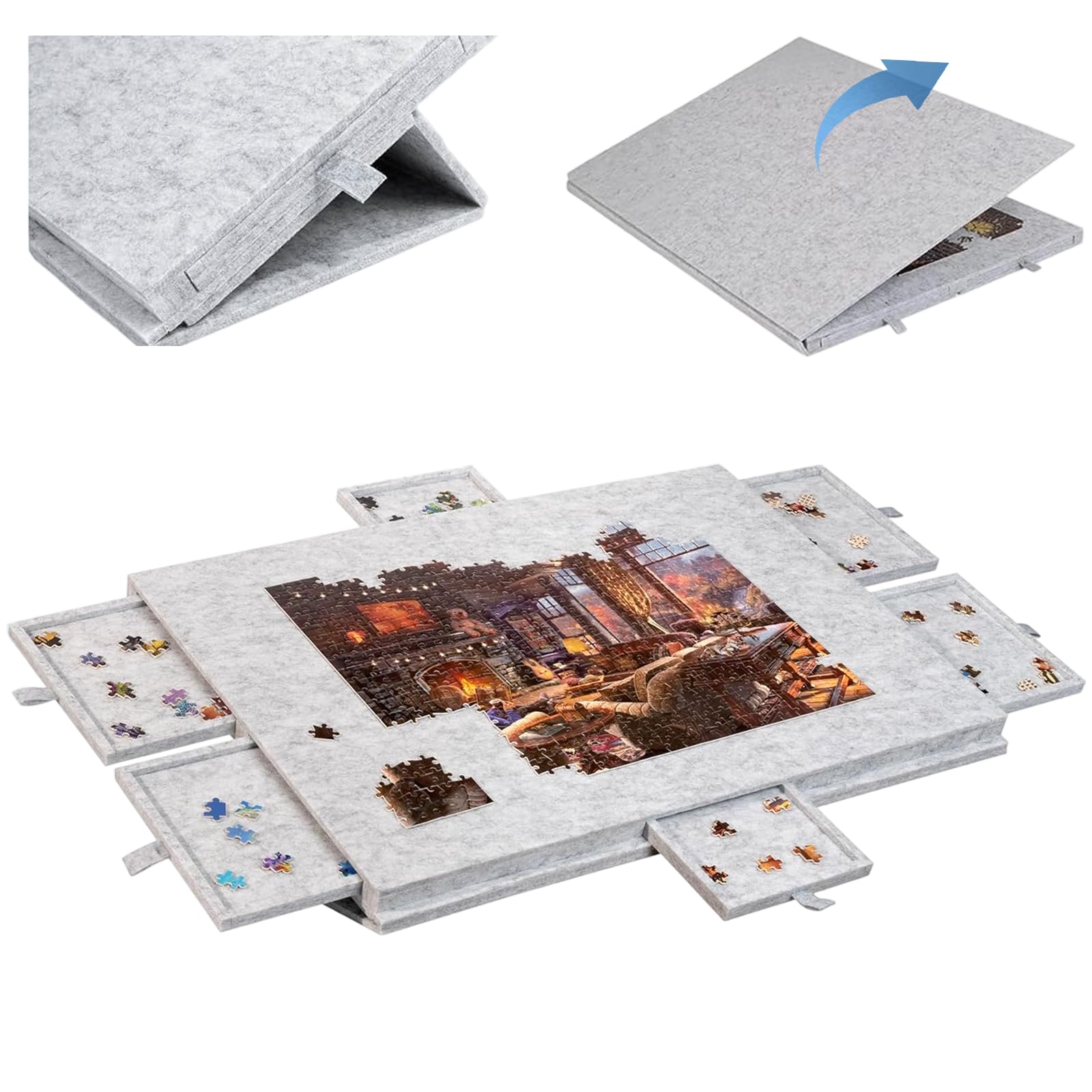 Tilting Jigsaw Puzzle Board with 6 Drawers & Cover, Lightweight Portable Puzzle Table with Adjustable Stand for 1000 Pieces, Foldable Non-Slip Felt Puzzle Board for Adults and Kids (Gray)