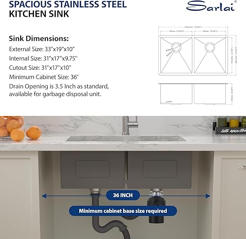 Vista 68 de Sarlai Fregadero doble de 33 piezas para empotrar - Fregadero de cocina de 33 x 19 pulgadas, acero inoxidable de calibre 16, esquina redonda, doble