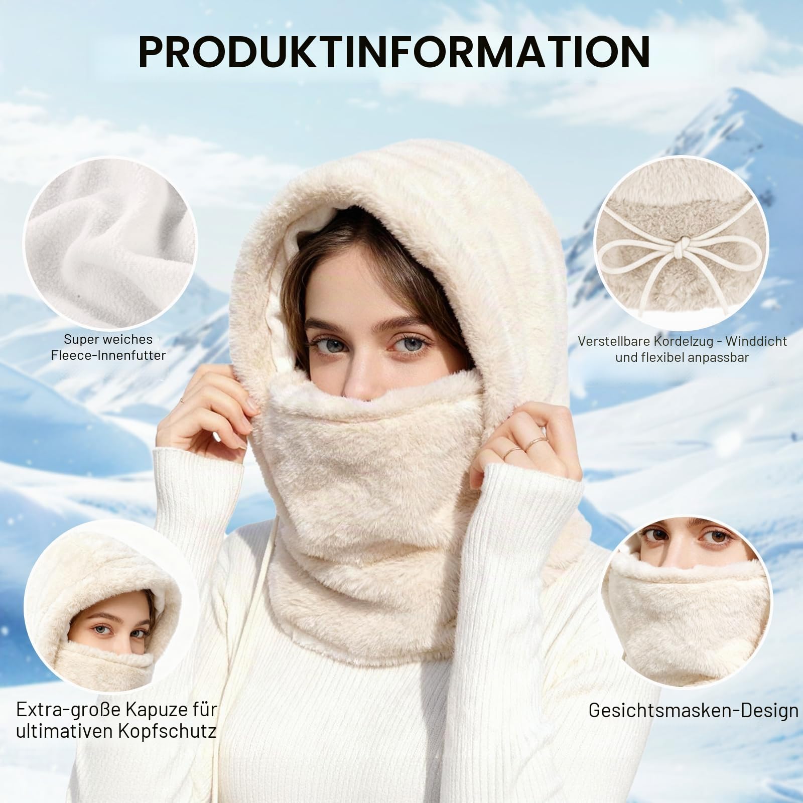 Sturmhaube Mütze Winter Thermo Fleece Balaclava, Winddicht Skimaske Warme Wolle kapuzenschal Gesichtshaube für Radfahren Snowboarden Skifahren Motorradfahren für Herren Damen
