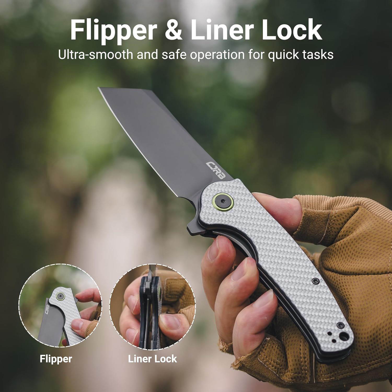 CJRB Crag Folding Pocket Knife, 3.43" AR-RPM9 Steel Blade Carbon Fiber Handle EDC Knife with Pocket Clip for Men Women Camping Survival Hiking, Grey (J1904)