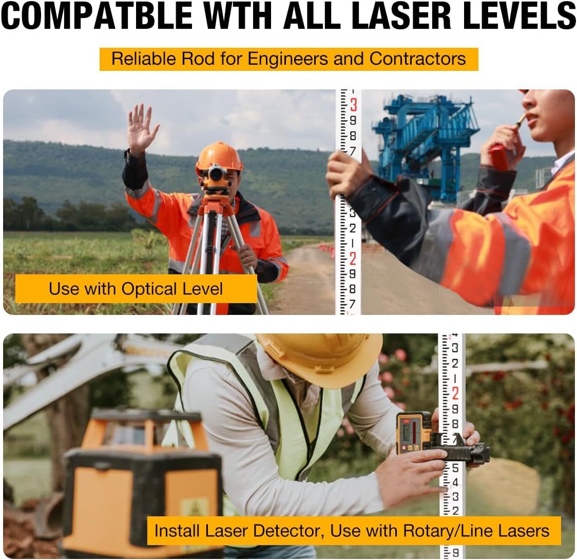 16-Foot Aluminum Grade Rod, 5-Section Telescopic Grade Stick with Bubble Level & Carry Bag, Double-Sided Feet/10ths & Inches Measuring Rod, Durable Survey Rod for Laser Level and Elevation Measurement