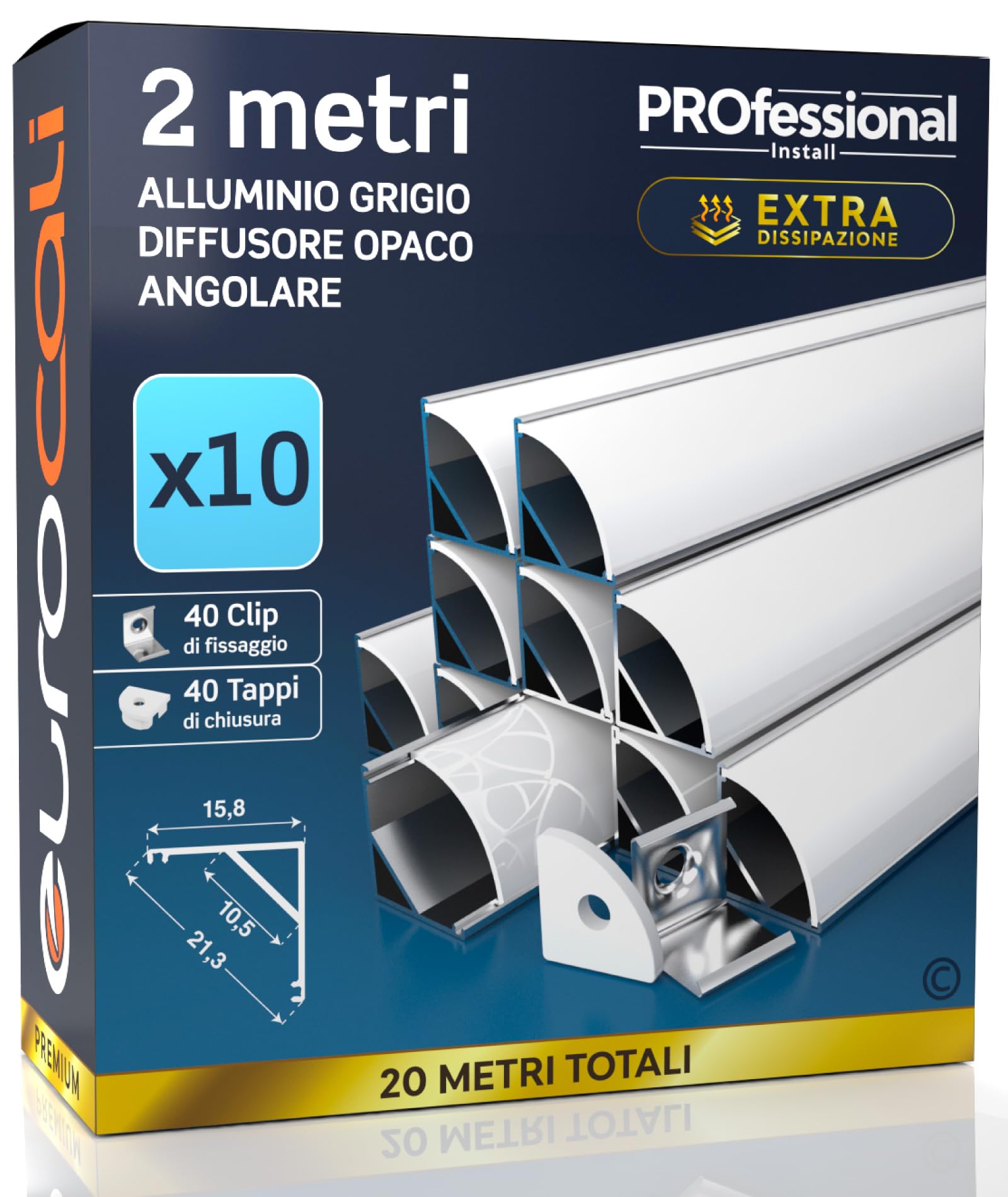 Eurocali 10x Profili Angolari da 2 metri in Alluminio grigio per Strisce LED Coperchio Opaca - larghezza max striscia led 10.5mm - 15.8 x 15.8