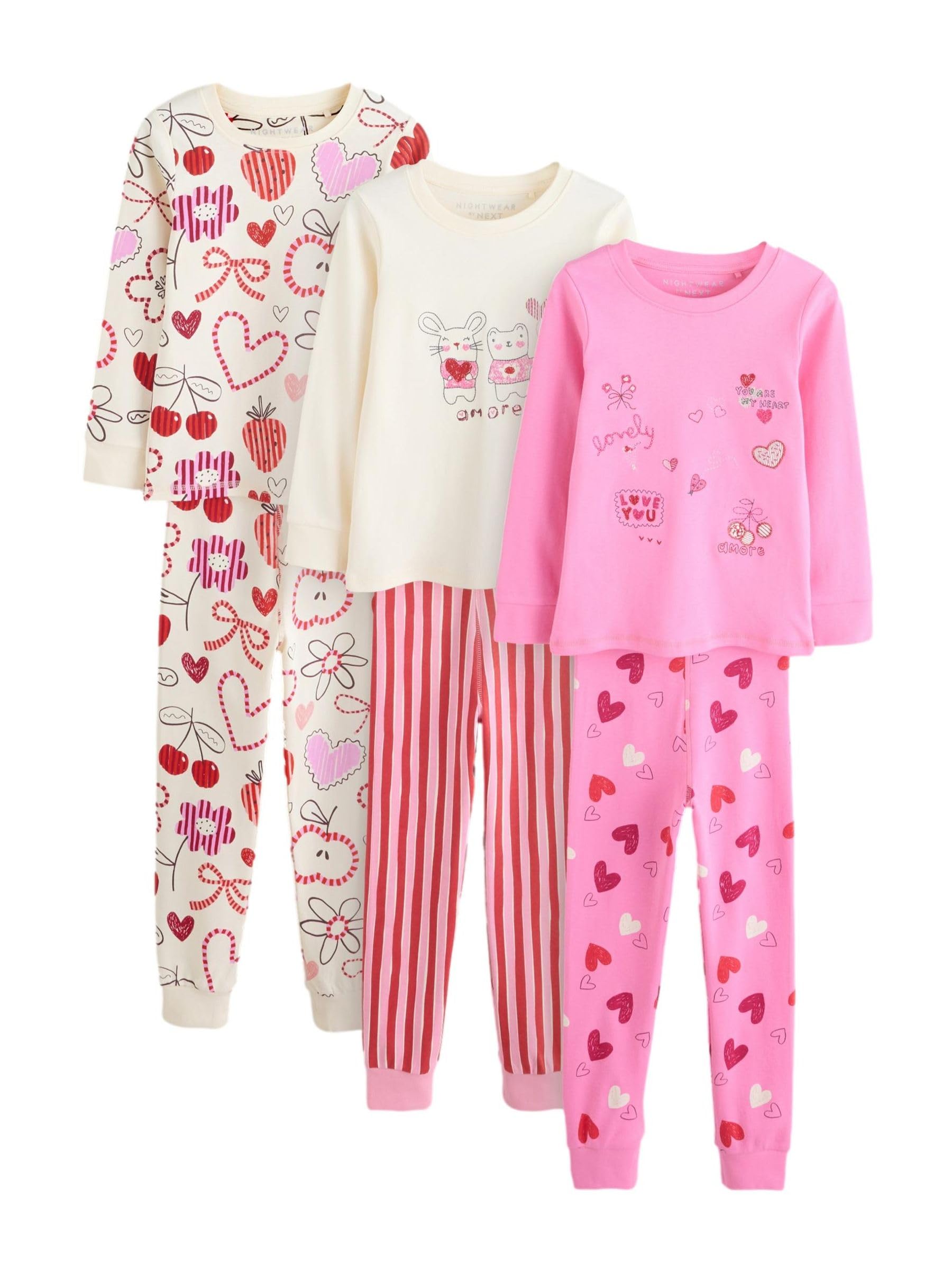 NEXT Mädchen 3er-Pack Schlafanzüge mit Print Pink/Red Galentines Numeric_86-Numeric_92