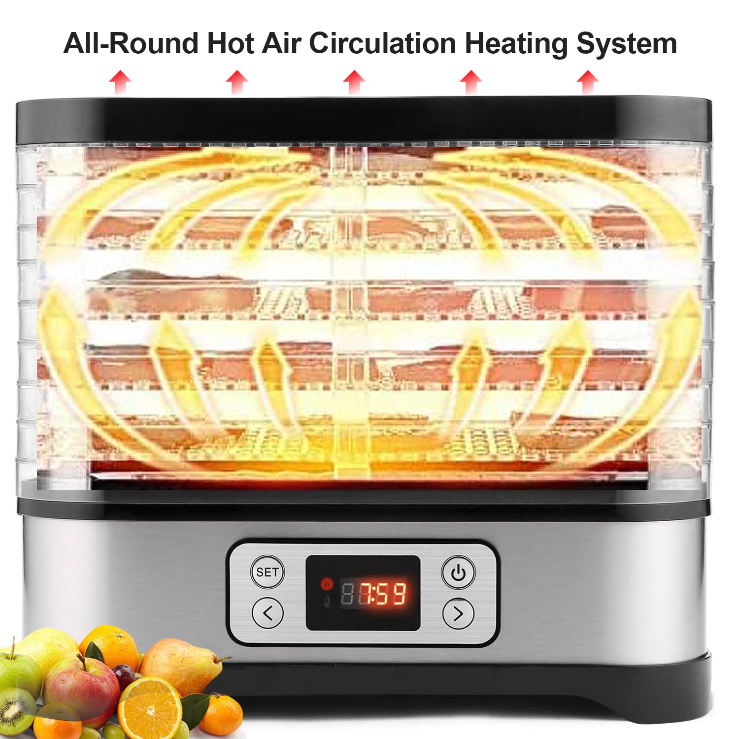 Nictemaw Deshidratador de acero inoxidable Küchenminis Deshidratador de frutas con 8 estantes, deshidratador con regulador de temperatura, 400 W, 35-70 °C, temporizador de 72 horas para verduras,
