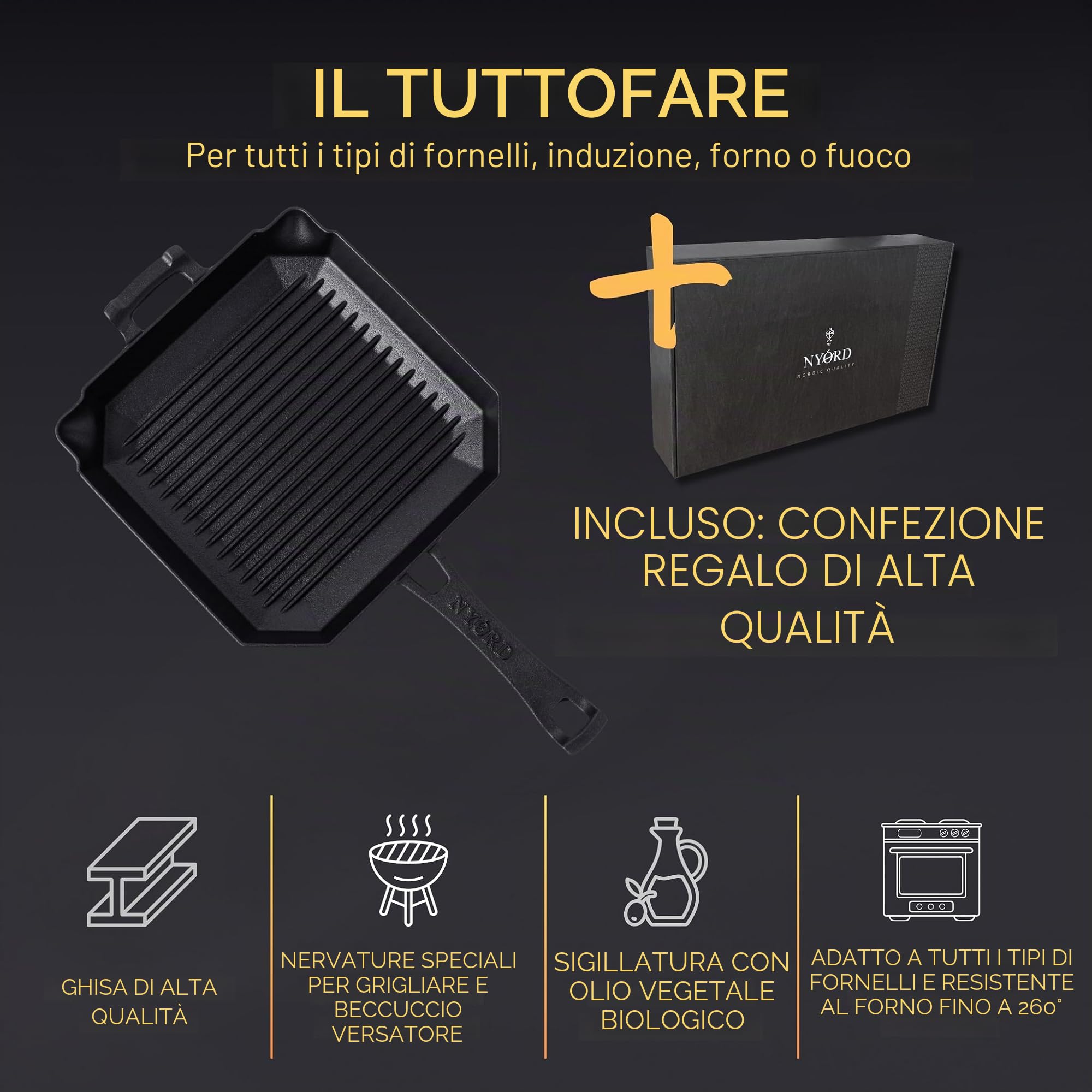 Padella in ghisa con griglie per grigliare [VINCITORE DI TEST] | Padella da BBQ in ghisa | Padella per bistecche in ghisa con beccuccio | Per induzione, vetroceramica, gas e griglia all'aperto |