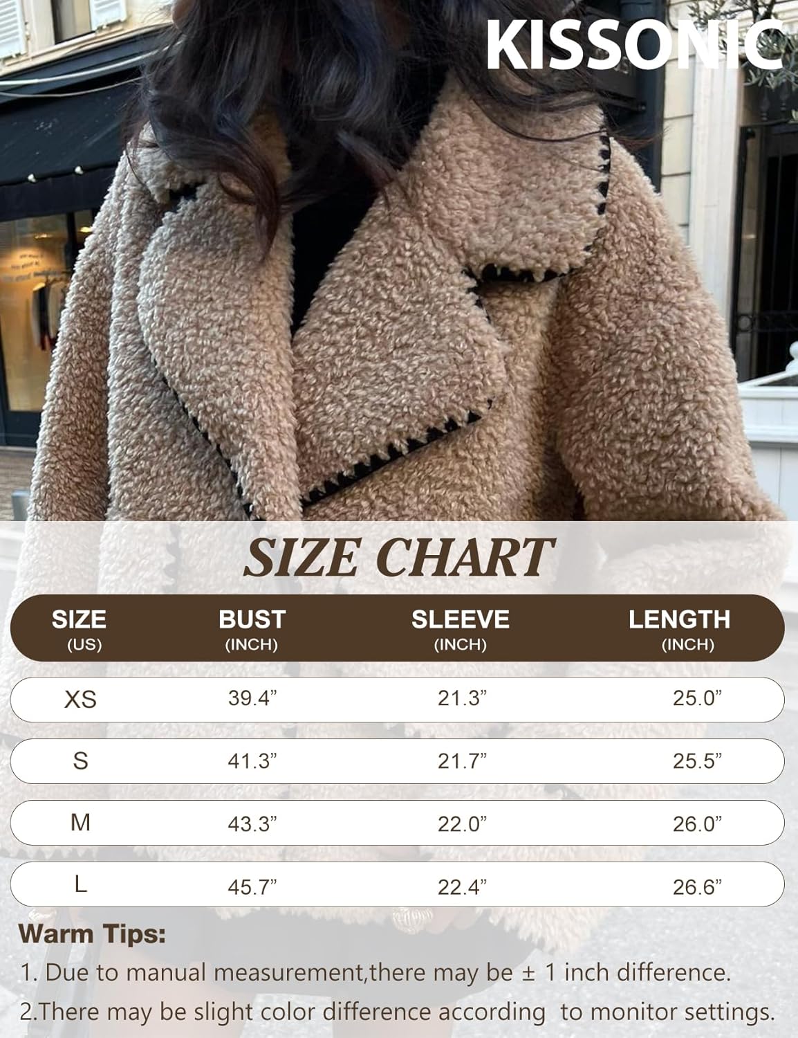 Kissonic Women's Winter Casual Sherpa Jacket Fuzzy Sherpa Fleece Coats Long Sleeve Spliced Lapel Loose Outwear - Image 7