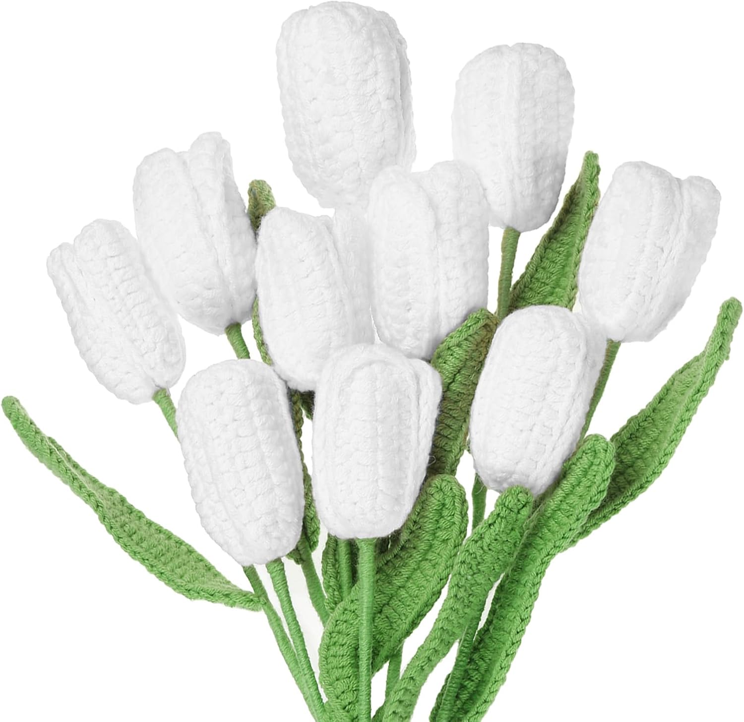 MECCANIXITY Tulip Crochet Flowers, Artificial Knitted Tulip Flower Completed Handmade Tulips Bouquet for Gift Home Birthday Wedding Decoration, White Pack of 10