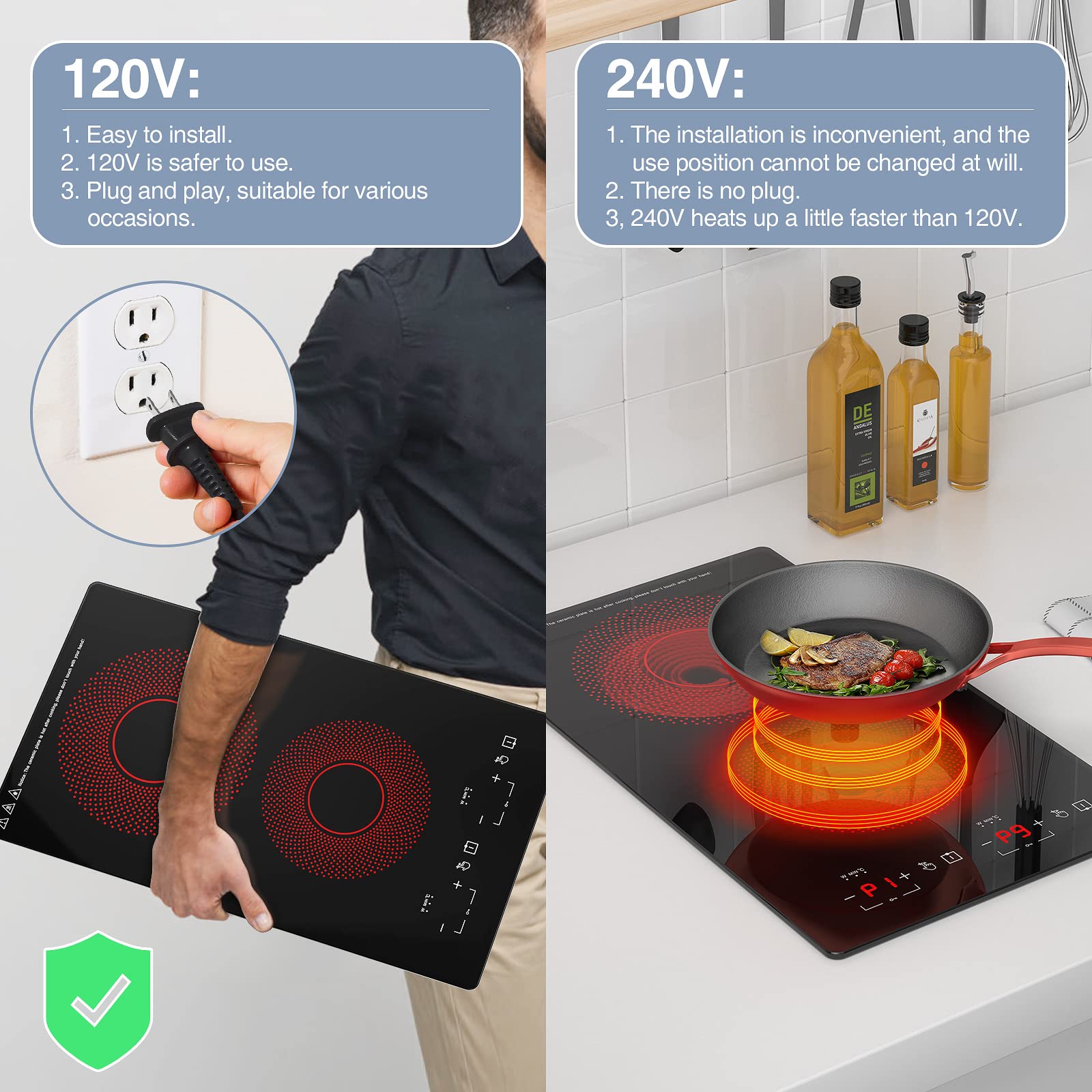 GTKZW Electric Cooktop, 12 inch Ceramic Cooktop with LED Touch Screen, 110V Independent Control 20 Temperature Ranges 9 Power Levels Induction cooktop, Timer & Child Lock, All Kinds of Cookwares