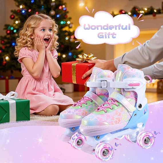 Kids Roller Skates, 4 Size Adjustable Quad Skates with All Light Up Wheels, 10C to 8 Rollerskates for Toddlers, Beginners, Boys, Girls, Outdoor, Indoor