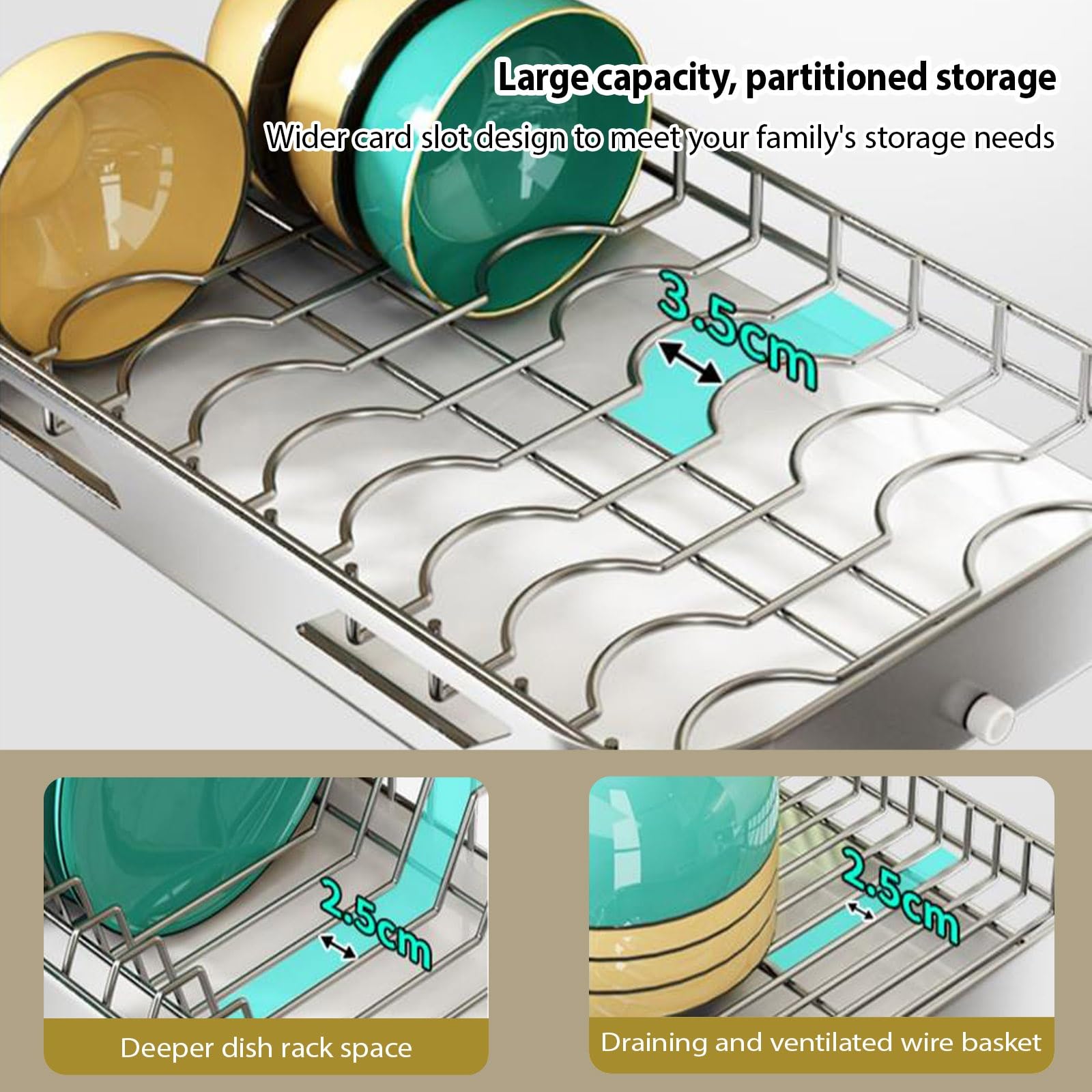 Escurridor de platos de 2 niveles con bandeja de drenaje, organizador de cocina para platos, vasos, cuencos, cubiertos, solución de almacenamiento y organización de pie
