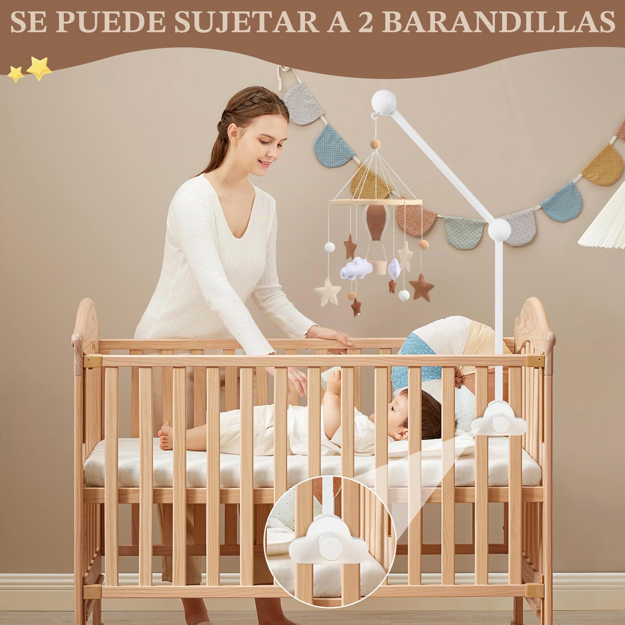 Soporte Móvil para Bebé, Soporte de Móvil Extraíble, Soporte de Madera para Cuna con Forma de Nube, Brazo Móvil de Cuna para Juguetes, Campanas de Viento y Decoración de Habitación, Blanco