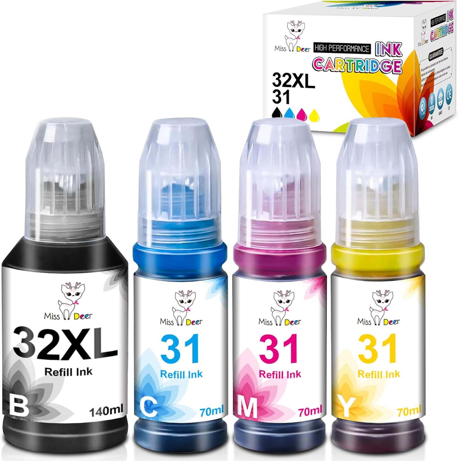 31 Ink Bottle Set, 32XL Black Ink Bottle Compatible for HP Smart Tank 580 520 7602 7300 7301 6001 5101 5000 7300 7301, 31 32xl Ink Bottles Set for Smart Tank Plus 551 651 Ink Refill,4 Pack