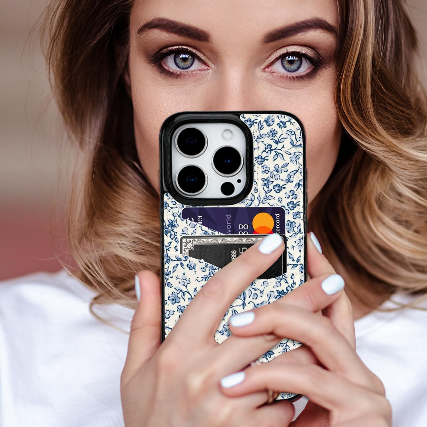 for iPhone 16 Pro 6.1 inch Case with Card Holder Soft Cute Leather Wallet Case Protective Shockproof Hard Cover for Women Girls (Blue Floral, iPhone 16 Pro 6.3 inch) - Image 7